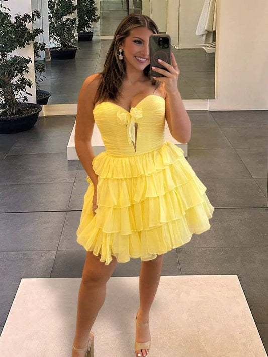 Yellow Strapless A Line Chiffon Ruffled Cocktail Dresses With Bow