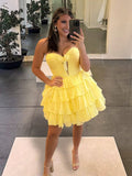 Yellow Strapless A Line Chiffon Ruffled Cocktail Dresses With Bow
