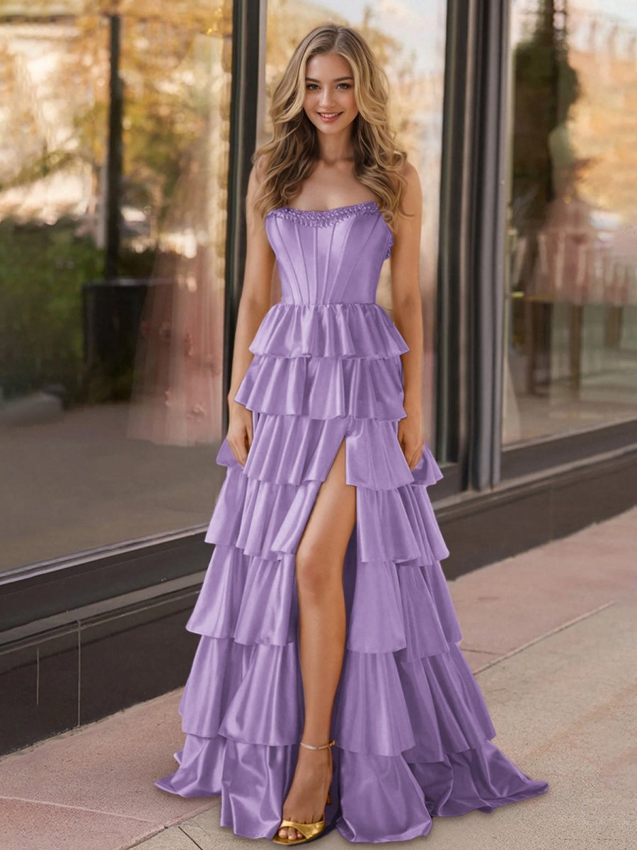 Yellow Strapless Satin Ruffle Tiered Beaded A Line Prom Dresses