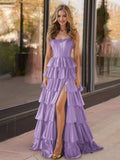 Yellow Strapless Satin Ruffle Tiered Beaded A Line Prom Dresses