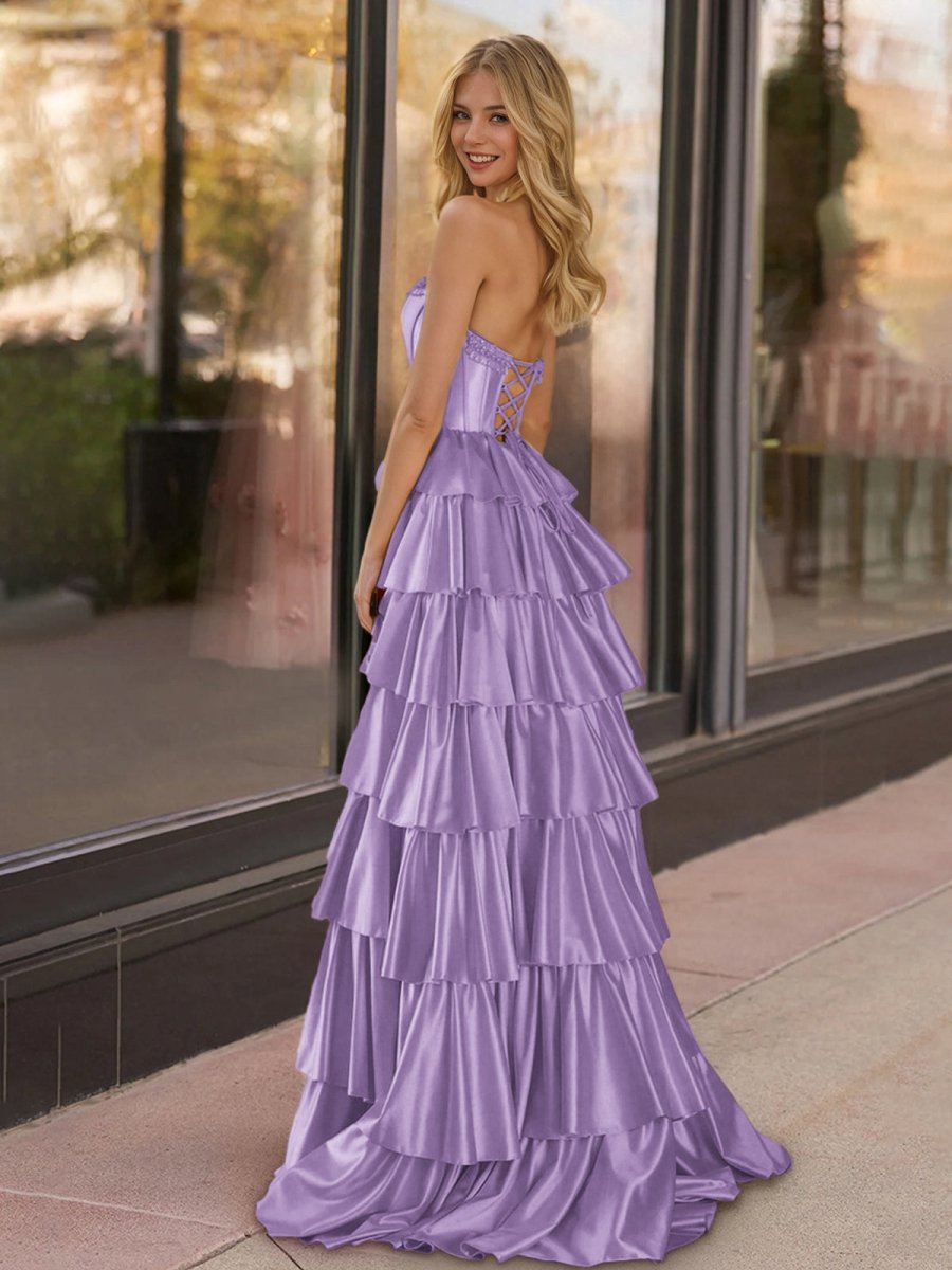 Yellow Strapless Satin Ruffle Tiered Beaded A Line Prom Dresses