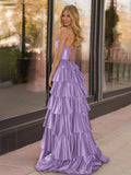 Yellow Strapless Satin Ruffle Tiered Beaded A Line Prom Dresses