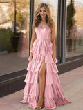 Yellow Strapless Satin Ruffle Tiered Beaded A Line Prom Dresses