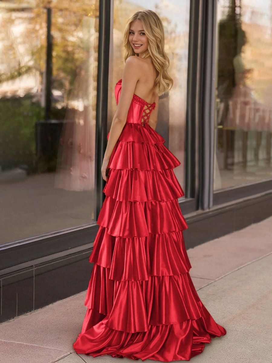 Yellow Strapless Satin Ruffle Tiered Beaded A Line Prom Dresses