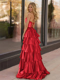 Yellow Strapless Satin Ruffle Tiered Beaded A Line Prom Dresses