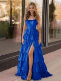 Yellow Strapless Satin Ruffle Tiered Beaded A Line Prom Dresses