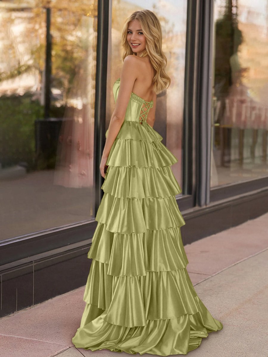 Yellow Strapless Satin Ruffle Tiered Beaded A Line Prom Dresses