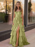 Yellow Strapless Satin Ruffle Tiered Beaded A Line Prom Dresses