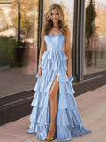 Yellow Strapless Satin Ruffle Tiered Beaded A Line Prom Dresses
