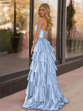 Yellow Strapless Satin Ruffle Tiered Beaded A Line Prom Dresses