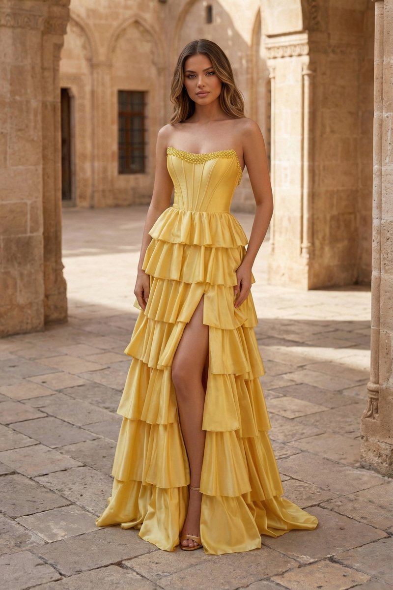Yellow Strapless Satin Ruffle Tiered Beaded A Line Prom Dresses