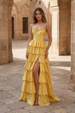 Yellow Strapless Satin Ruffle Tiered Beaded A Line Prom Dresses