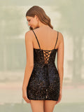 Black -Bodycon Sequined V Neck Corset Mini Party Dresses