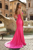 Fuchsia Mermaid V Neck Satin Long Prom Dresses with Beading