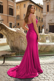 Fuchsia Mermaid V Neck Satin Long Prom Dresses with Beading
