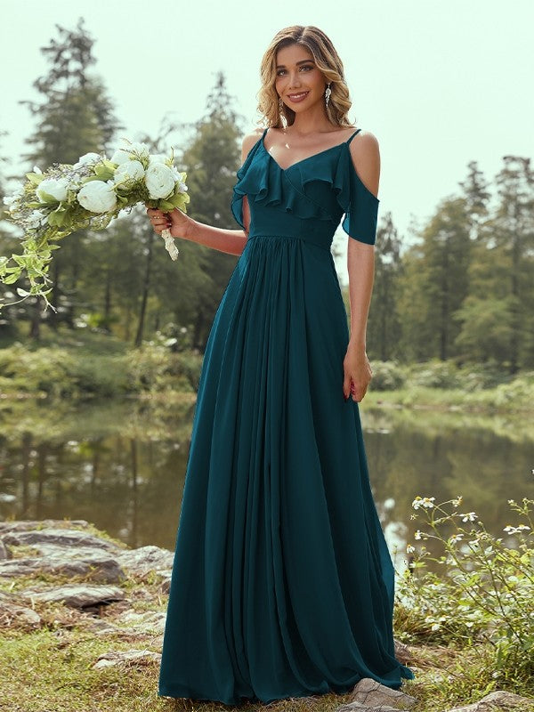 A-Line/Princess Chiffon Ruffles V-neck Sleeveless Floor-Length Bridesmaid Dresses Evening Prom Dress