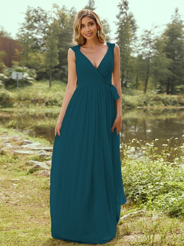 A-Line/Princess Chiffon Ruffles V-neck Sleeveless Floor-Length Bridesmaid Dresses Evening Prom Dress