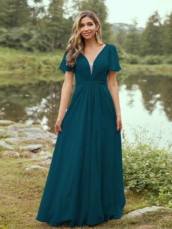 A-Line/Princess Chiffon Ruffles V-neck Short Sleeves Floor-Length Bridesmaid Dresses Evening Prom Dress
