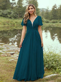 A-Line/Princess Chiffon Ruffles V-neck Short Sleeves Floor-Length Bridesmaid Dresses Evening Prom Dress