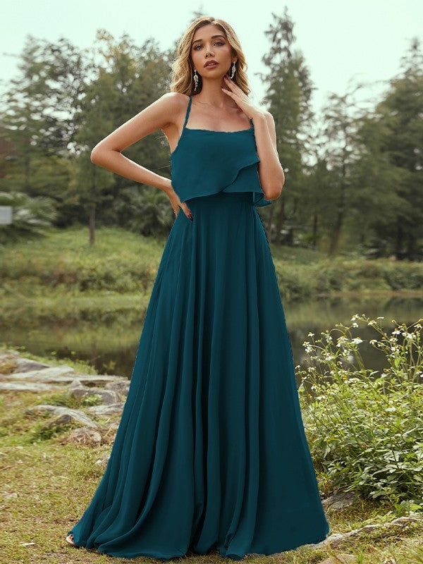 A-Line/Princess Chiffon Ruffles Spaghetti Straps Sleeveless Floor-Length Bridesmaid Dresses Evening Prom Dress