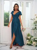 A-Line/Princess Silk like Satin Ruched V-neck Short Sleeves Floor-Length Bridesmaid Dresses Evening Dress
