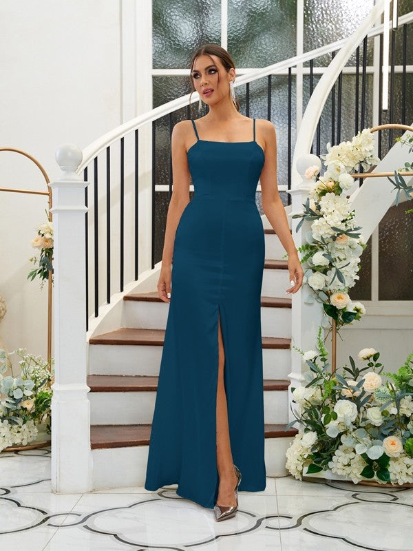 A-Line/Princess Silk like Satin Ruffles Spaghetti Straps Sleeveless Floor-Length Bridesmaid Dresses Evening Dress
