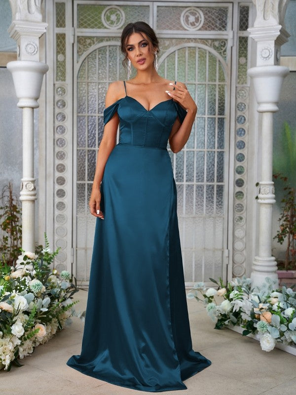 A-Line/Princess Silk like Satin Ruched Sweetheart Sleeveless Sweep/Brush Train Bridesmaid Dresses Evening Dress