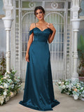 A-Line/Princess Silk like Satin Ruched Sweetheart Sleeveless Sweep/Brush Train Bridesmaid Dresses Evening Dress