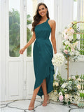 A-Line/Princess Silk like Satin Ruched One-Shoulder Sleeveless Tea-Length Bridesmaid Dresses Evening Prom Dress