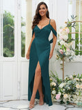A-Line/Princess Silk like Satin Ruched V-neck Sleeveless Floor-Length Bridesmaid Dresses Evening Dress