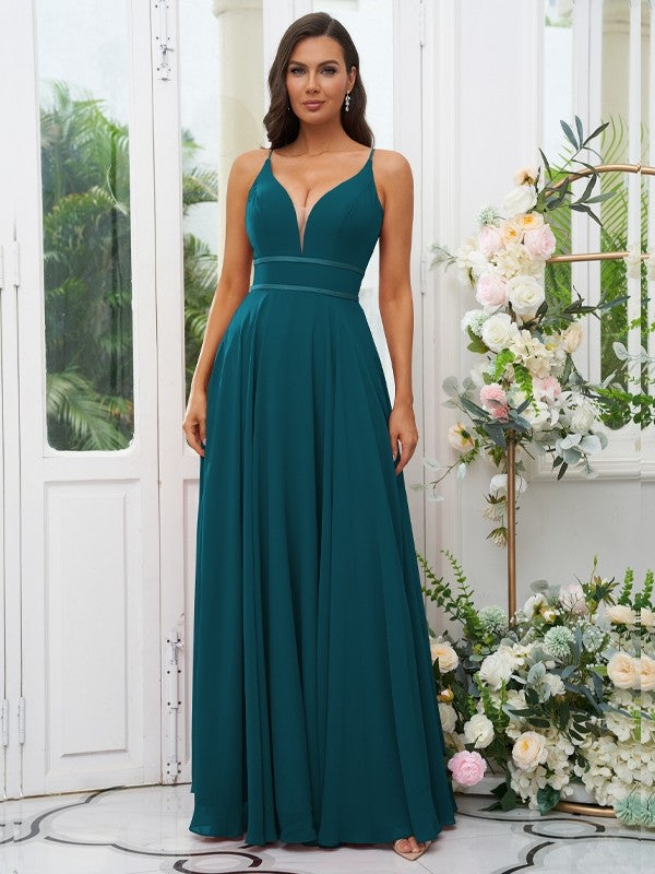 A-Line/Princess Chiffon Ruffles V-neck Sleeveless Floor-Length Bridesmaid Dresses Evening Prom Dress