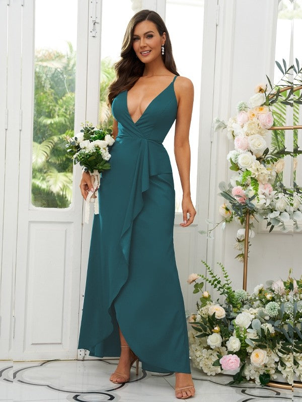 A-Line/Princess Silk like Satin Ruffles V-neck Sleeveless Floor-Length Bridesmaid Dresses Prom Dress