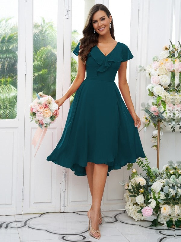 Vestido de dama de honor asimétrico de corte A/princesa, de gasa, con volantes, escote en V y mangas cortas, ideal para invitadas de boda y graduación.