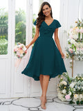 Vestido de dama de honor asimétrico de corte A/princesa, de gasa, con volantes, escote en V y mangas cortas, ideal para invitadas de boda y graduación.