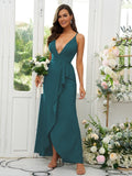 A-Line/Princess Silk like Satin Ruffles V-neck Sleeveless Floor-Length Bridesmaid Dresses Prom Dress