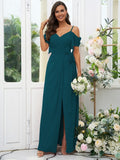 A-Line/Princess Chiffon Ruched V-neck Short Sleeves Floor-Length Bridesmaid Dresses Evening Dress