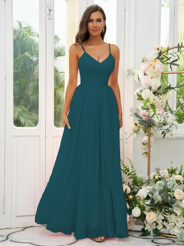 A-Line/Princess Chiffon Ruffles V-neck Sleeveless Floor-Length Bridesmaid Dresses Evening Dress