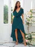 A-Line/Princess Chiffon Ruffles V-neck Short Sleeves Asymmetrical Bridesmaid Dresses Prom Dress