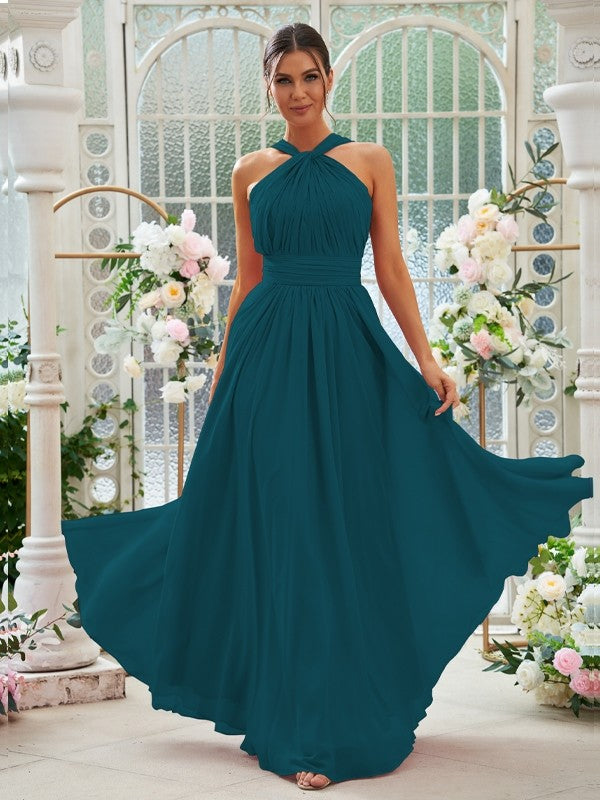 A-Linie/Princess-Linie Chiffon Rüschen Neckholder Ärmellos Bodenlang Brautjungfernkleider Abendkleid