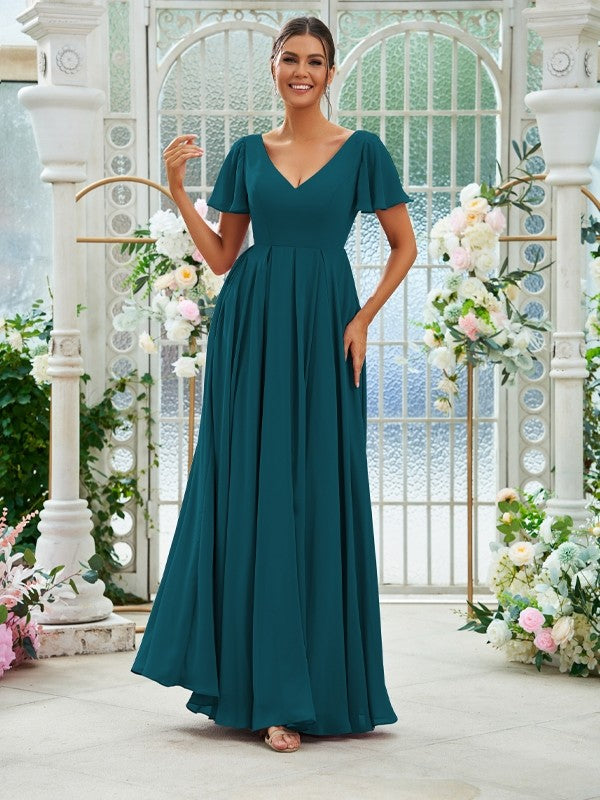 A-Line/Princess Chiffon Ruffles V-neck Short Sleeves Floor-Length Bridesmaid Dresses Evening Prom Dress