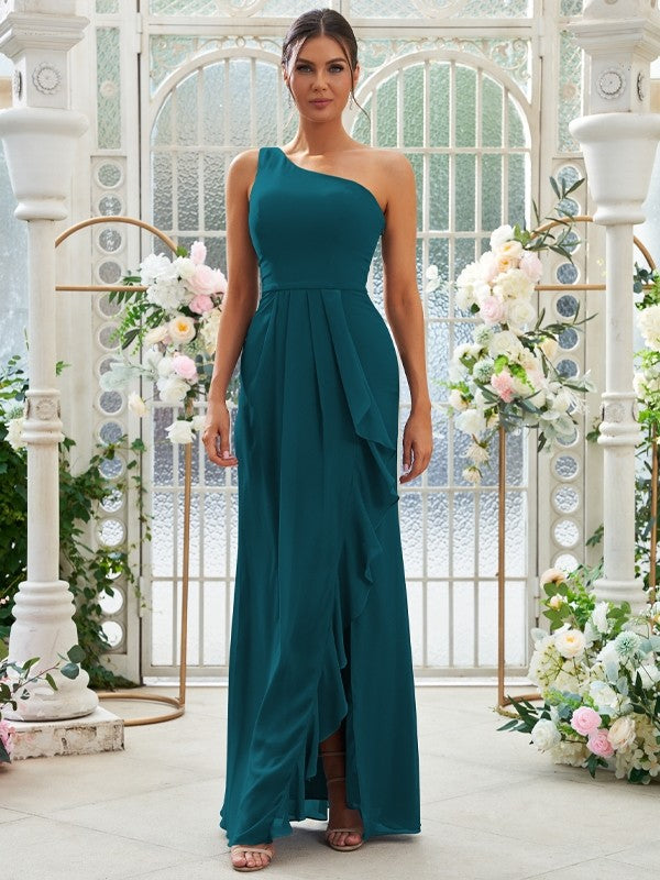 Sheath/Column Chiffon Ruffles One-Shoulder Sleeveless Floor-Length Bridesmaid Dresses Evening Prom Dress