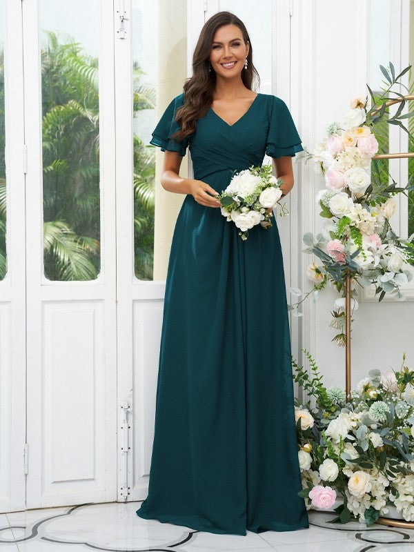 A-Line/Princess Chiffon Ruffles V-neck Short Sleeves Floor-Length Bridesmaid Dresses Evening Dress