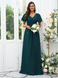 A-Line/Princess Chiffon Ruffles V-neck Short Sleeves Floor-Length Bridesmaid Dresses Evening Dress