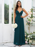 A-Line/Princess Chiffon Ruched V-neck Sleeveless Floor-Length Bridesmaid Dresses Evening Prom Dress
