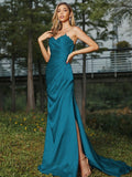 Sheath/Column Silk like Satin Ruched Sweetheart Sleeveless Sweep/Brush Train Bridesmaid Dresses Evening Dress