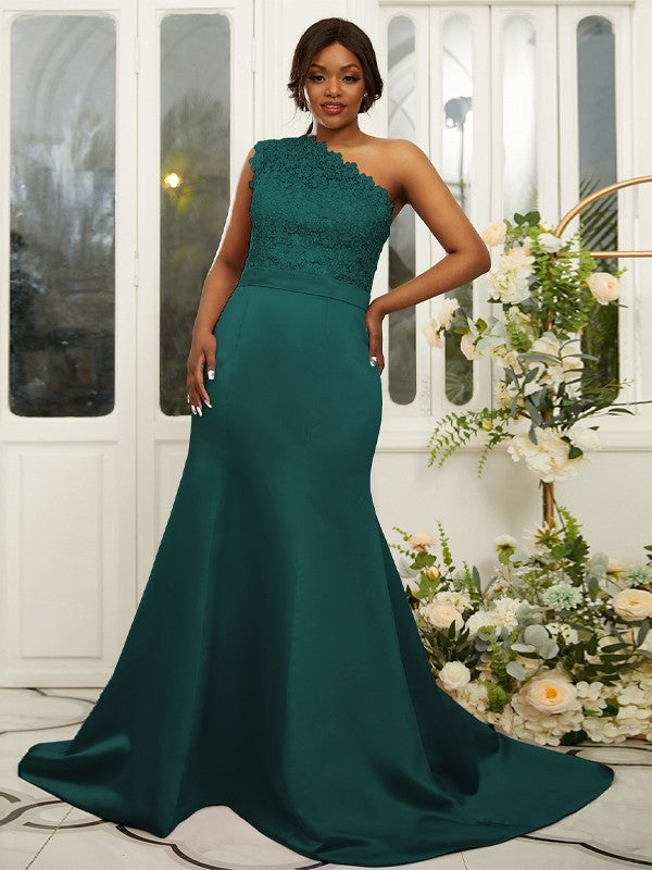 Sheath/Column Satin Lace One-Shoulder Sleeveless Sweep/Brush Train Bridesmaid Dresses Evening Dress