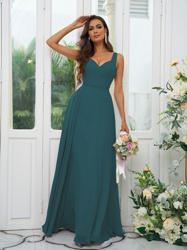 A-Line/Princess Chiffon Ruffles V-neck Sleeveless Floor-Length Bridesmaid Dresses Evening Dress