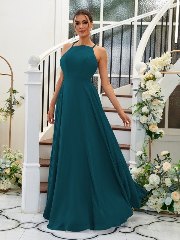 A-Linie/Princess-Linie Chiffon Rüschen Neckholder Ärmellos Bodenlang Brautjungfernkleider Abendkleid
