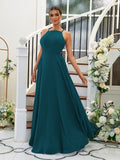 A-Linie/Princess-Linie Chiffon Rüschen Neckholder Ärmellos Bodenlang Brautjungfernkleider Abendkleid