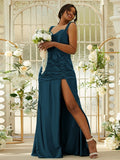 Sheath/Column Polyester Ruched Sweetheart Sleeveless Sweep/Brush Train Bridesmaid Dresses Evening Dress